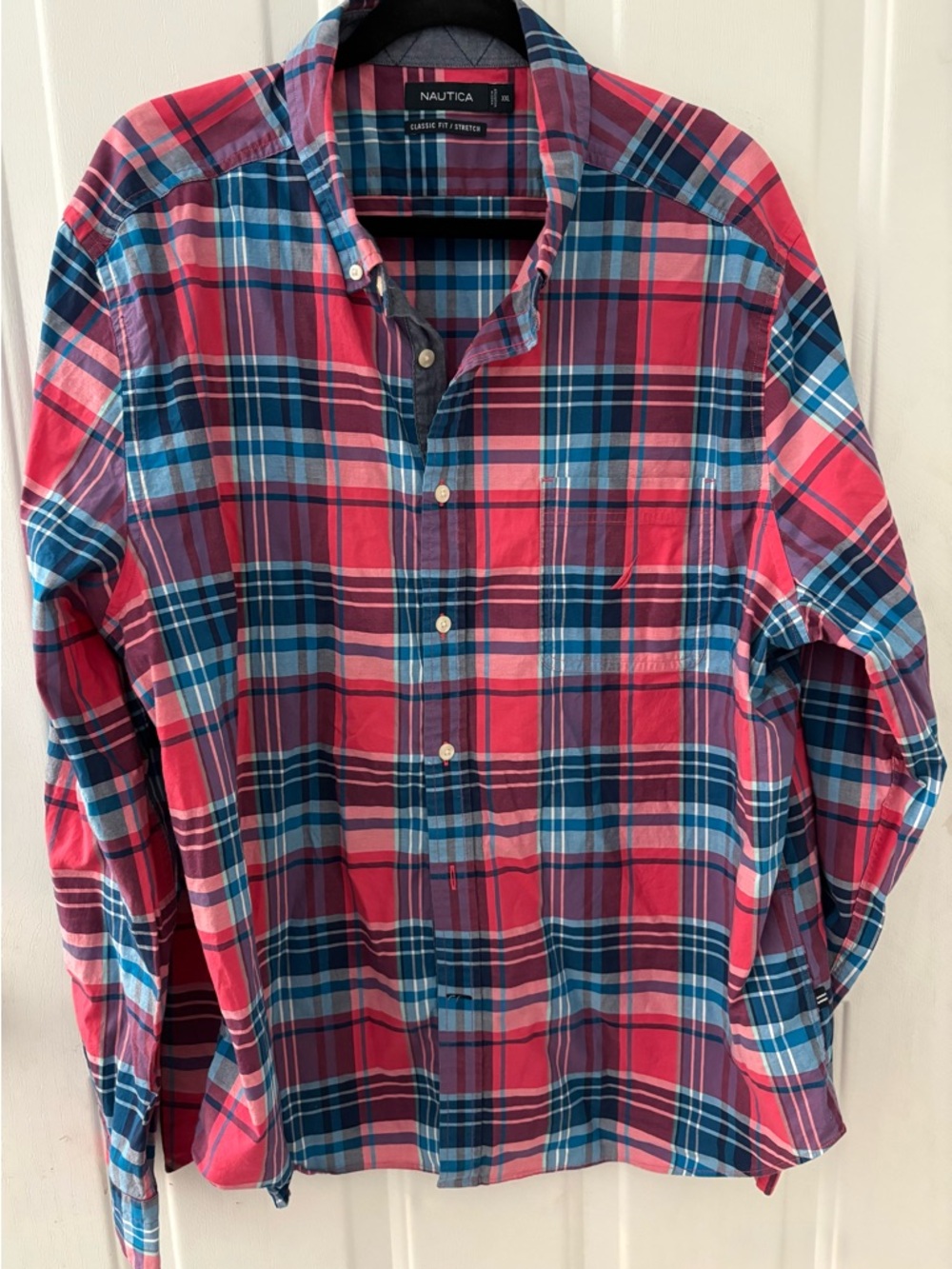Nautica Men’s Blue and Pink Plaid Button-Down Shirt
